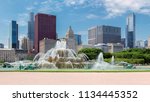 Chicago skyline panorama with skyscrapers and Buckingham fountain at summer sunny day, Chicago, Illinois, USA. 