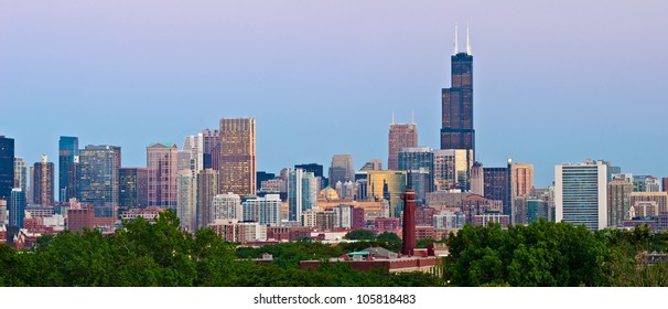 Chicago Skyline. Panoramic Image  Of Chicago Downtown At Sunset From High Above.