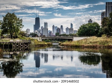Chicago skyline reflecting in a lake in Lincoln Park