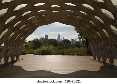 Chicago Skyline Seen From Lincoln Park Zoo Wood Pavilion During Sunny Day