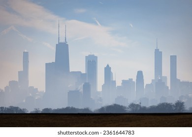 Chicago skyline silhouette in the fog