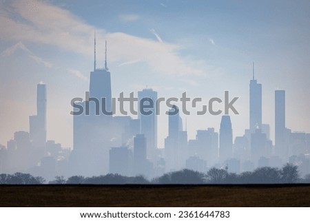 Chicago skyline silhouette in the fog