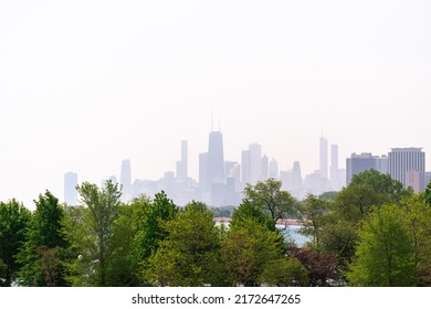 The Chicago Skyline Sits On A Hazy White Sky Background In The Distance On A Sunny Day With Lush Green Tree Tops In The Foreground In Spring With Copy Space.