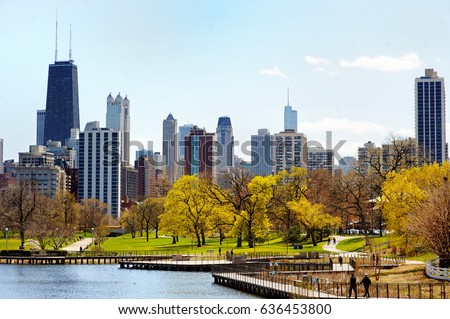 Chicago skyline with skyscrapers viewed from Lincoln Park over lake