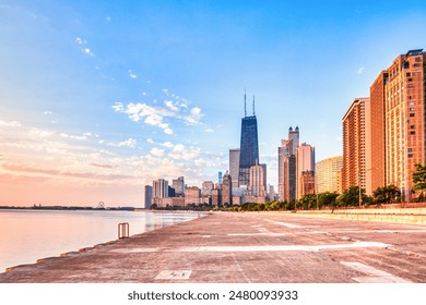 Chicago Skyline at Sunrise over the Lake Michigan, Illinois - Powered by Shutterstock