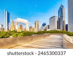 Chicago Skyline at Sunrise from the Wooden Bridge in Millennium Park, Illinois 