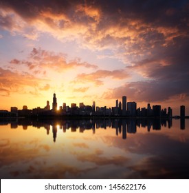 Chicago Skyline At Sunset