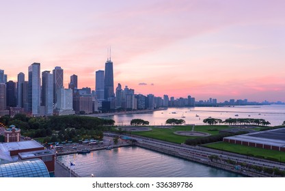 Chicago Skyline At Sunset