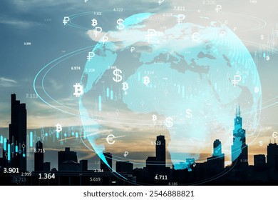 Chicago skyline at sunset with digital currency symbols and data overlay, representing global finance trends. Silhouette of cityscape