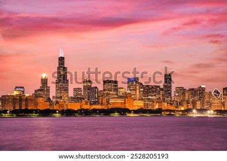 Chicago Skyline at Sunset over the Lake Michigan, Illinois