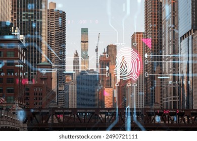 Chicago skyline with a superimposed holographic fingerprint, digital data overlay, on a clear day. Technology and security concept. Double exposure - Powered by Shutterstock