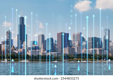 Chicago skyline with upward digital arrows and binary code overlay. Sunny background, symbolizing growth and economic progress