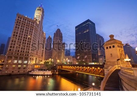 Chicago Sunrise. Image of the Chicago riverside downtown district during sunrise.