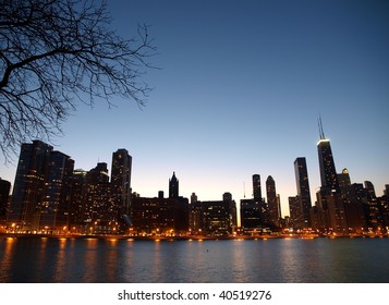 Chicago Towers, Lake Michigan With A Soft Night Sky.