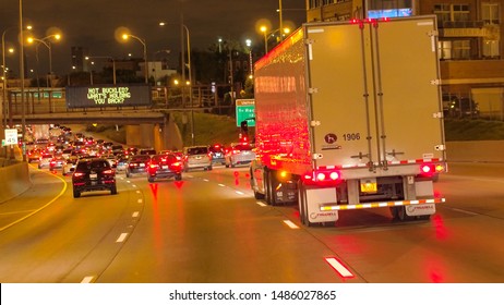 CHICAGO, UNITED STATES - 20 OCTOBER 2016: POV, CLOSE UP: Severe Traffic Jam On Busy Multiple Lane Interstate Highway Near Downtown Expressway Interchange. Car Accident During The Evening Rush Hour