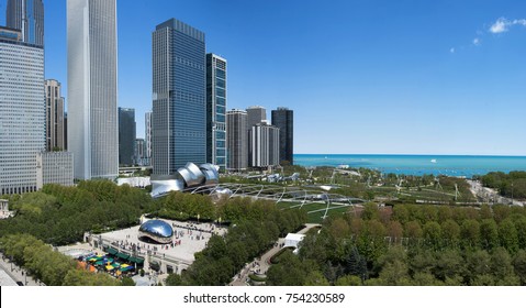 Chicago, USA - 5 May 2017: Downtown Chicago Cityscape Of Millenium Park. Aerial View Of Millenium Park In Chicago, USA