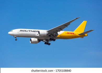 Chicago, USA - April 15, 2020: Southern Air / DHL Cargo Boeing 777 aircraft at O'Hare International Airport. 
