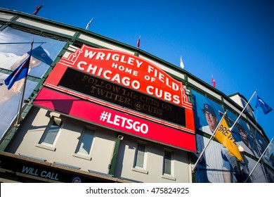 Chicago, USA - August 12, 2015: The famous signage on a warm summer's night at Wrigley Field