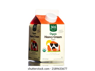 Chicago, USA - August 13, 2022: Organic Heavy Cream By WholeFoods Market 365 Brand Isolated In White.