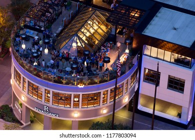 Chicago USA August 2018. Aerial View Of The Rooftop Bar Of The Renaissance Hotel With People Drinking And Having Fun