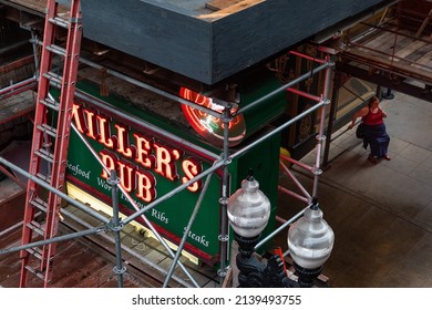Chicago, USA - Circa october 10 2018: Day time exterior Millers Pub in downtown Chicago under the L train tracks over street level. Color over sign for generic usage