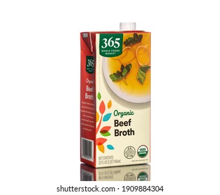 Chicago, USA - February 4, 2021: A Carton Of 365 WholeFoods Market Organic Beef Broth.