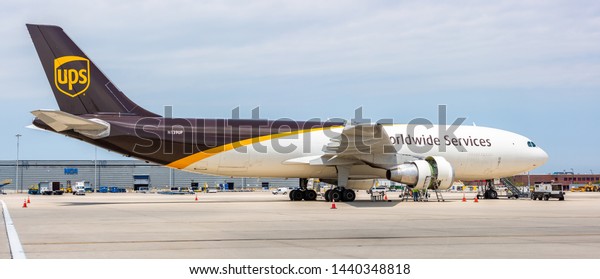 Chicago, USA - July 2, 2019: United\
Parcel Service UPS Airbus A300 aircraft. United Parcel Service,\
Inc., UPS, is the world\'s largest package delivery\
company.