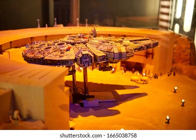 Chicago, USA; July 4, 2019: A small-scale lego brick model of the Millennium Falcon from the Star Wars movies at the Legoland Discovery Center.  It can be manipulated by visitors to go up or down.