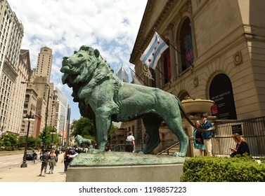 Chicago, USA - June 05, 2018: Lion Sculpture Front Of The Art Institute Of Chicago.