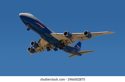 Chicago, USA - May 2, 2021: Silkway Cargo Boeing 747-800 On Final Approach To O'Hare International Airport. Silk Way Airlines Is An Azerbaijani State-run Cargo Airline.