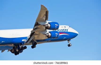 Chicago, USA - November 30, 2017: Silkway Cargo Boeing 747-800 On Final Approach To O'Hare International Airport. Silk Way Airlines Is An Azerbaijani State-run Cargo Airline.