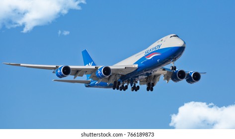 Chicago, USA - November 30, 2017: Silkway Cargo Boeing 747-800 On Final Approach To O'Hare International Airport. Silk Way Airlines Is An Azerbaijani State-run Cargo Airline.