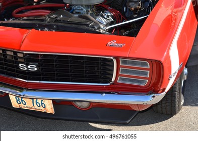 CHICAGO, USA - October 9, 2016: Old Traditional America Cars During Exhibition Of Old Cars, Closeup Of 1961 SS Chevrolet Car Outdoor Street