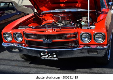 CHICAGO, USA - October 9, 2016: Old Traditional America Cars During Exhibition Of Old Cars, Closeup Of 1964 SS Chevrolet Car Outdoor Street