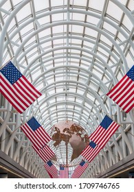Chicago, USA - September 10, 2018: American flags decorations in Ohare airport