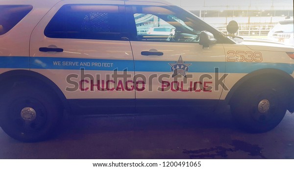 CHICAGO, USA - SEPTEMBER,\
2018: Chicago Police cruiser parked outside a terminal at O\'Hare\
Airport.
