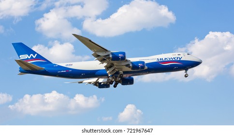 Chicago, USA - September 25, 2017: Silkway Cargo Boeing 747-800 On Final Approach To O'Hare International Airport. Silk Way Airlines Is An Azerbaijani State-run Cargo Airline.