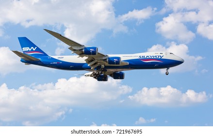 Chicago, USA - September 25, 2017: Silkway Cargo Boeing 747-800 On Final Approach To O'Hare International Airport. Silk Way Airlines Is An Azerbaijani State-run Cargo Airline.