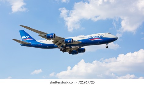 Chicago, USA - September 25, 2017: Silkway Cargo Boeing 747-800 On Final Approach To O'Hare International Airport. Silk Way Airlines Is An Azerbaijani State-run Cargo Airline.