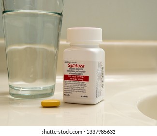 Chicago, USA-March 13, 2019: A Bottle Of Symtuza Prescription Medication Used To Treat HIV Infection Is Taken Once Daily. Modern Medicine, Chronic Illness.