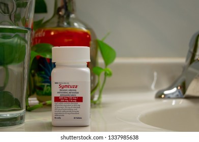 Chicago, USA-March 13, 2019: A Bottle Of Symtuza Prescription Medication Used To Treat HIV Infection Is Taken Once Daily. Modern Medicine, Chronic Illness.