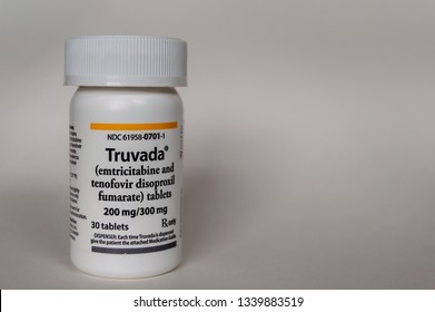 Chicago, USA-March 13, 2019: Truvada Or PrEP Prescription Medication Is Used To Prevent And Treat HIV Infection. It Is Taken Once A Day. Modern Medicine For Chronic Illness.