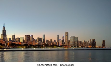 CHICAGO, USA-November 5, 2016. A View Of The Skyline During Blue Hour. AON Center Displays 