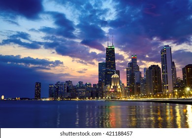 Chicago Waterfront With Skyline At Dusk, IL, United States