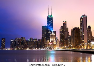 Chicago Waterfront With Skyline At Twilight, IL, USA