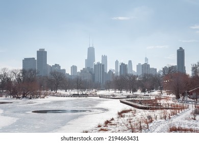 Chicago Winter City Skyline With Lake View