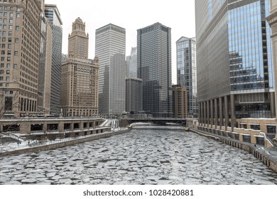 Chicago Winter Frozen River Downtown