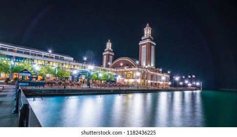 Chicago,illinois,usa. 08-15-17: Beautiful Navy Pier At Night With Chicago Skyline.