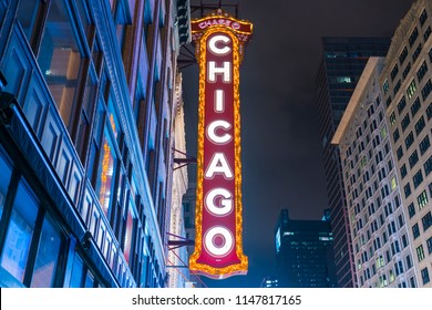 Chicago,illinois,usa. 08-16-17: Chicago Theatre Sign At Night.