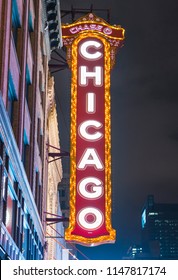 Chicago,illinois,usa. 08-16-17: Chicago Theatre Sign At Night.